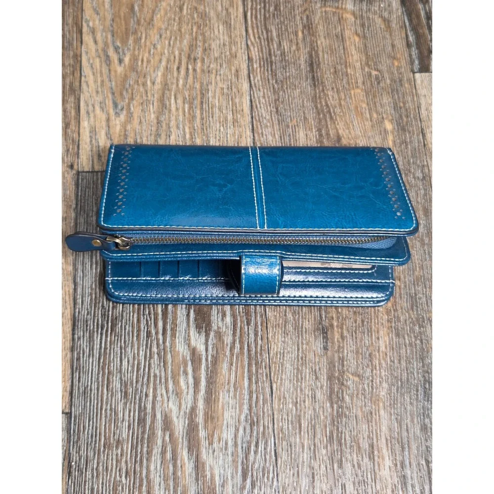 Boho Teal Blue Faux Leather Sunflower Bifold Wallet with Zip Pocket
